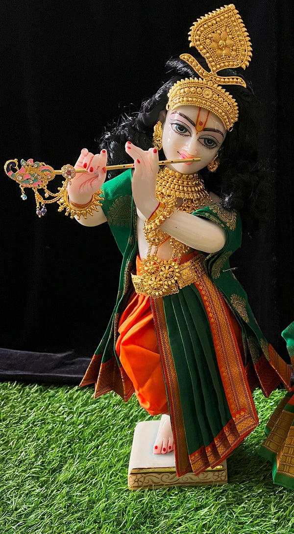Deity dhoti and patka shalya / Uparna vastra made of Cut Fabric Soft Silk Dhoti (Not Pure Silk) - Orange Dhoti with Green  contrast and Green zari butta shalya with Orange zari border