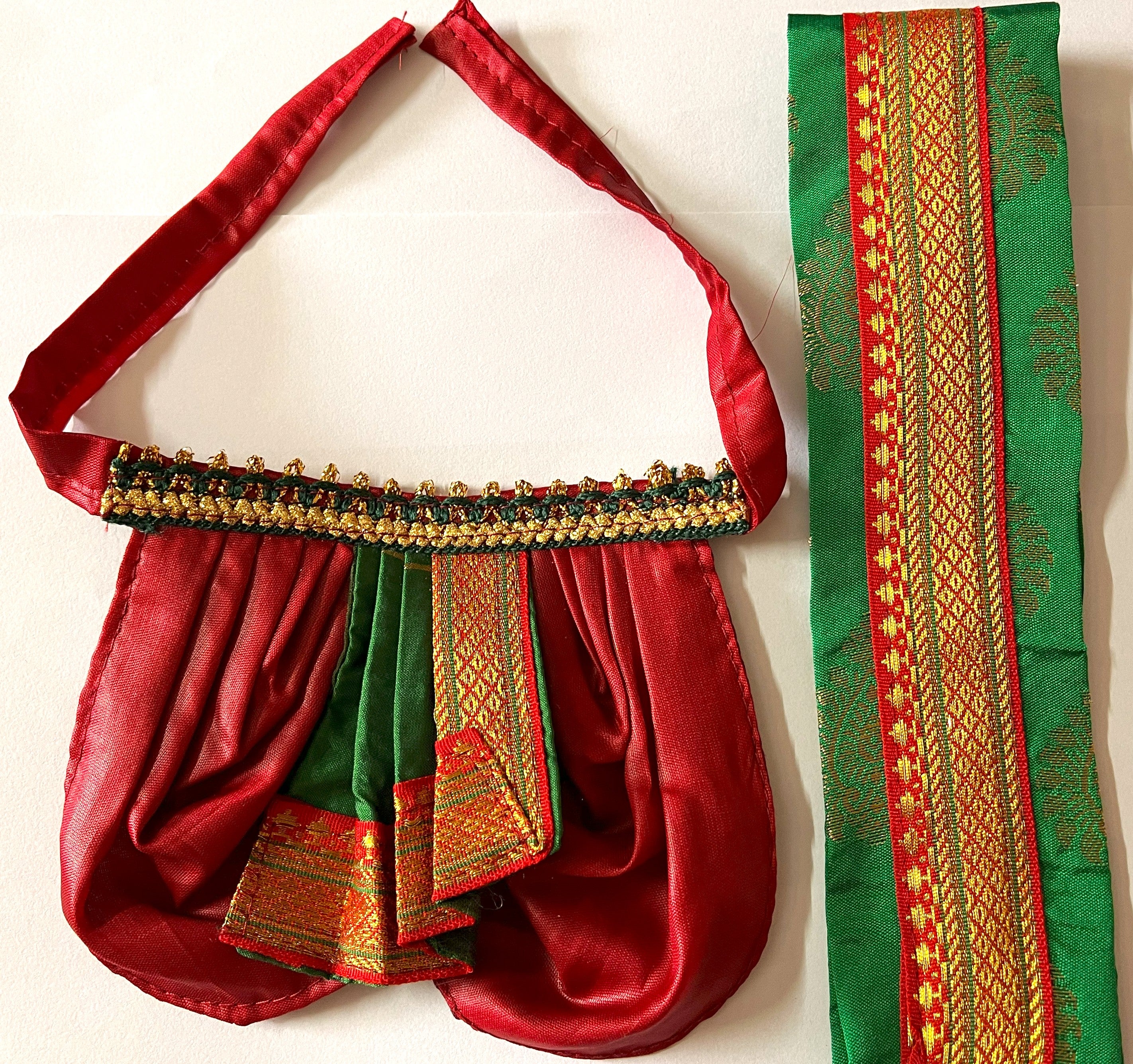 Deity dhoti and patka shalya / Uparna vastra made of Cut Fabric Soft Silk Dhoti (Not Pure Silk) - Red Dhoti with Green  contrast and Green zari butta shalya with red zari border 3