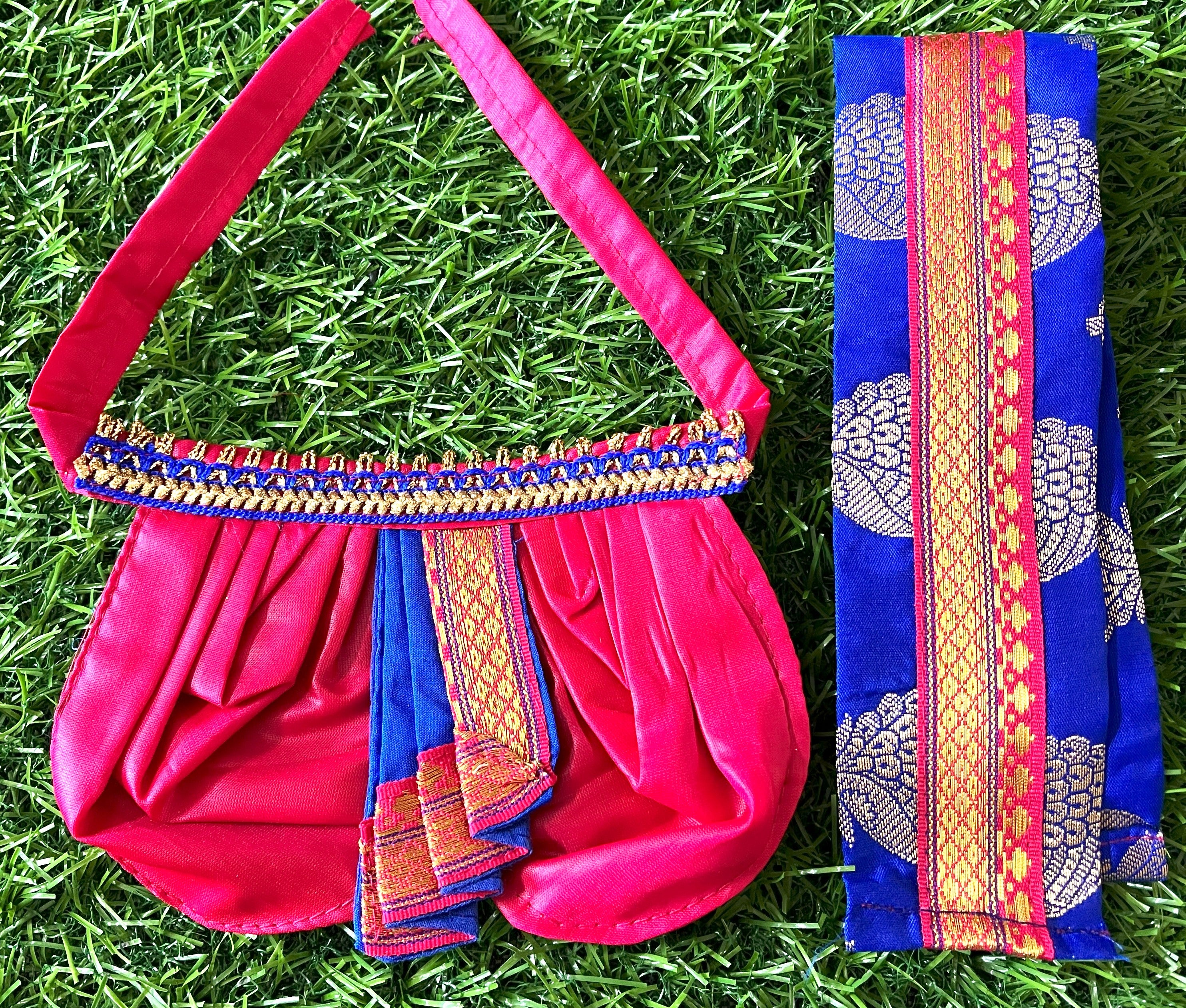 Deity dhoti and patka shalya / Uparna vastra made of Cut Fabric Soft Silk Dhoti (Not Pure Silk) - Pink Dhoti with Blue contrast and Blue zari butta shalya with pink zari border 3
