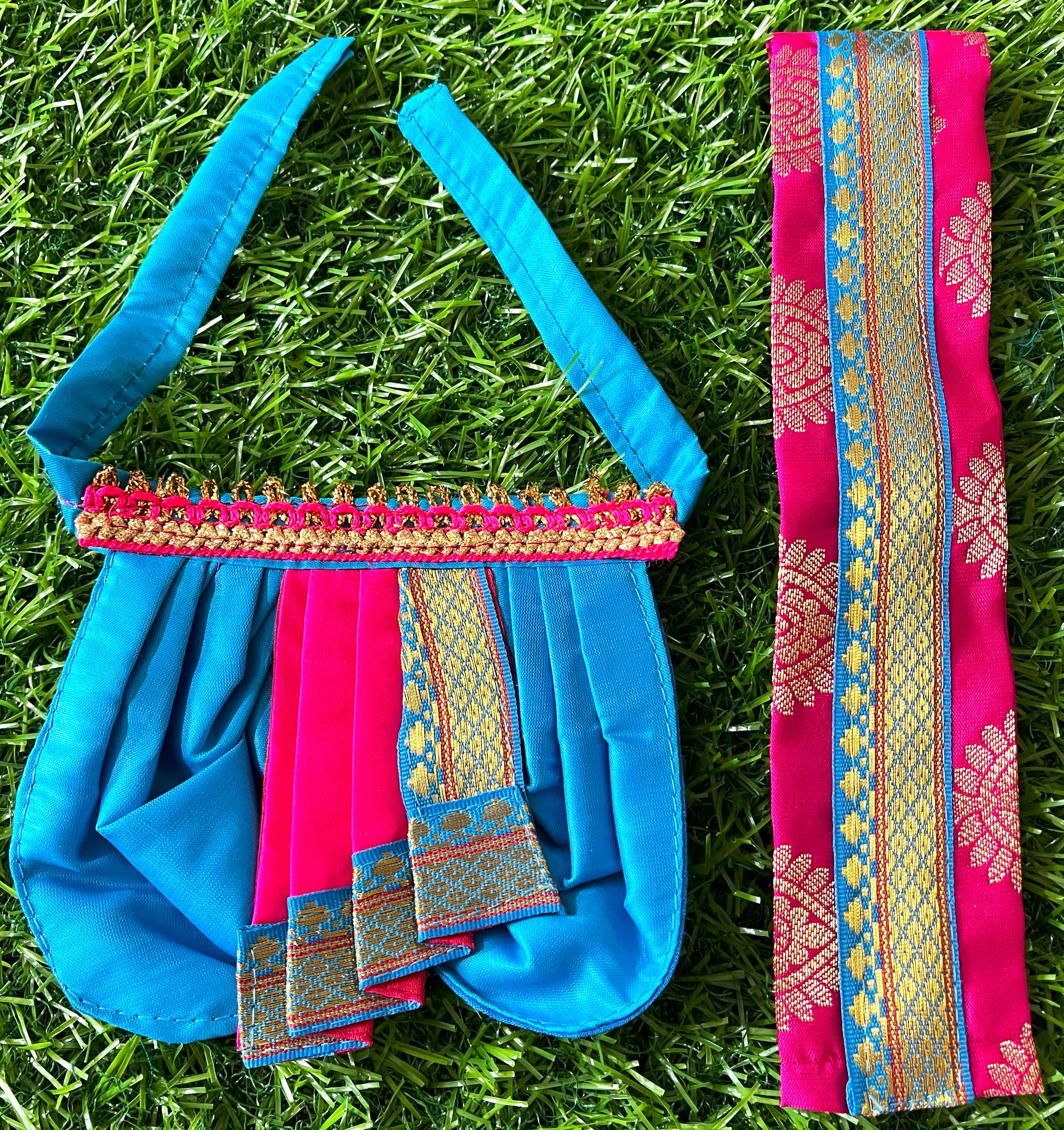 Deity dhoti and patka shalya / Uparna vastra made of Cut Fabric Soft Silk Dhoti (Not Pure Silk) - Sky blue Dhoti with Pink  contrast and pink zari butta shalya with sky blue zari border 3