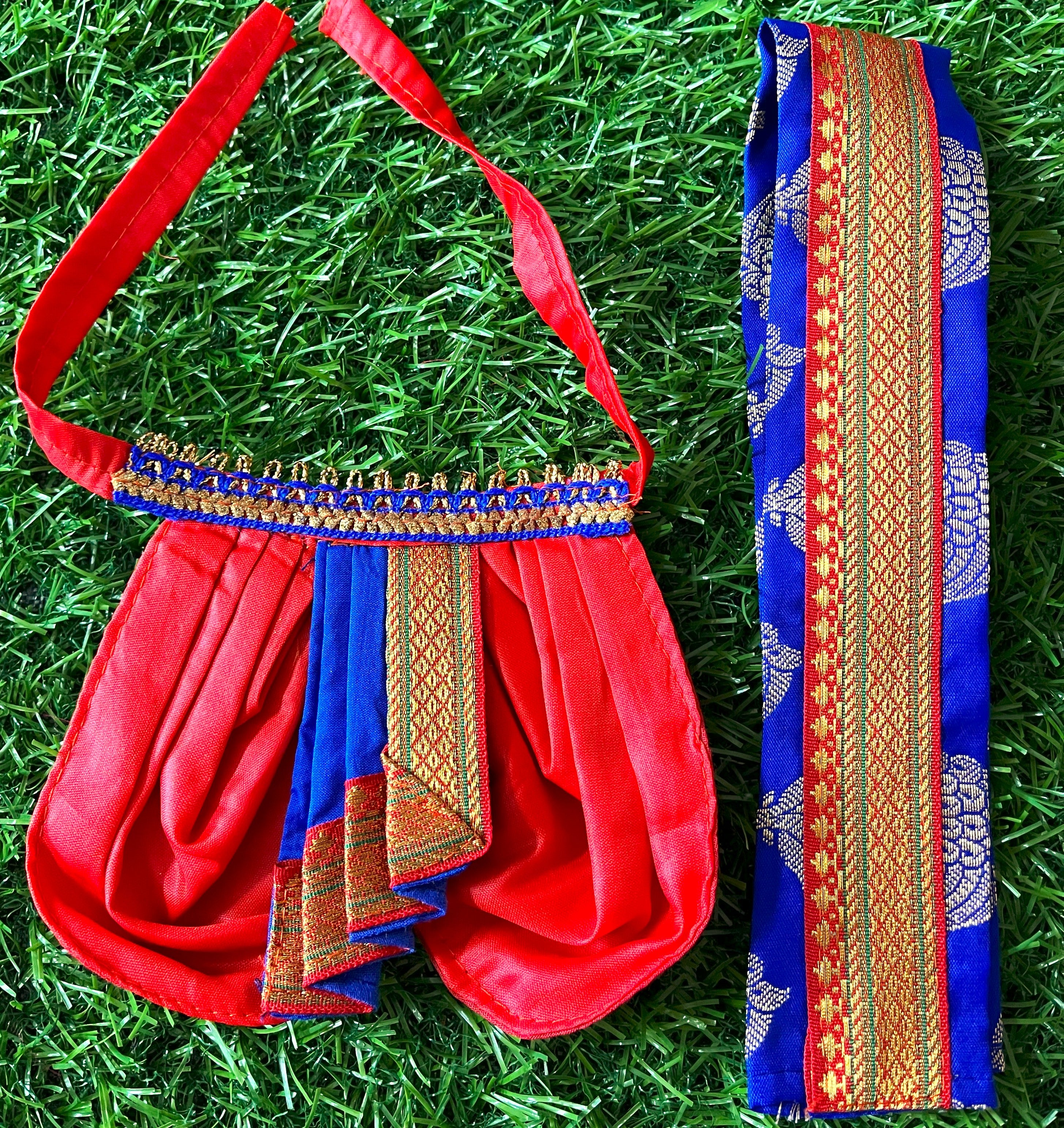 Deity dhoti and patka shalya / Uparna vastra made of Cut Fabric Soft Silk Dhoti (Not Pure Silk) - Orange Dhoti with Blue  contrast and Blue zari butta shalya with Orange zari border 3