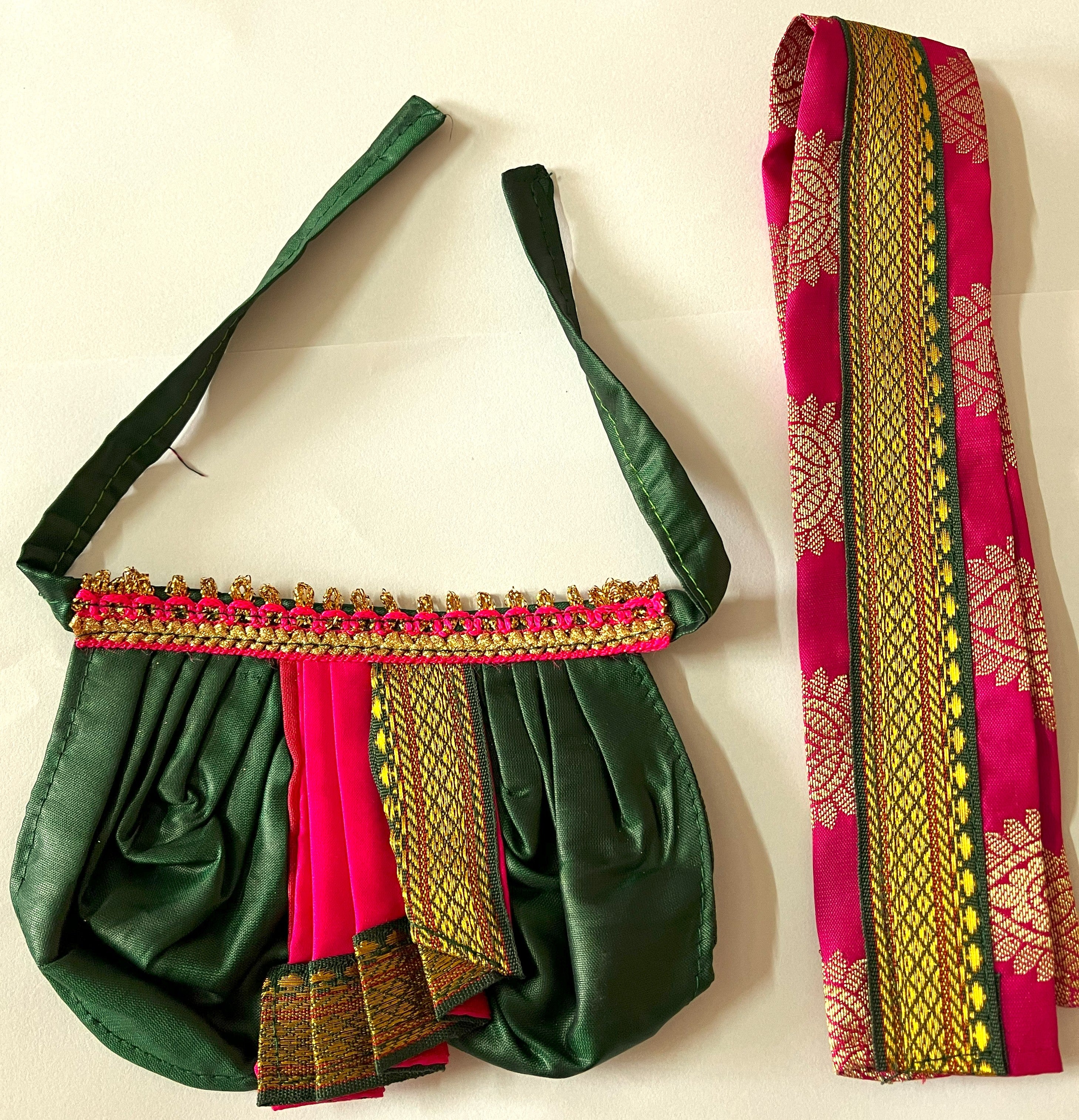 Deity dhoti and patka shalya / Uparna vastra made of Cut Fabric Soft Silk Dhoti (Not Pure Silk) - Dark green Dhoti with pink  contrast and pink zari butta shalya with green zari border 3