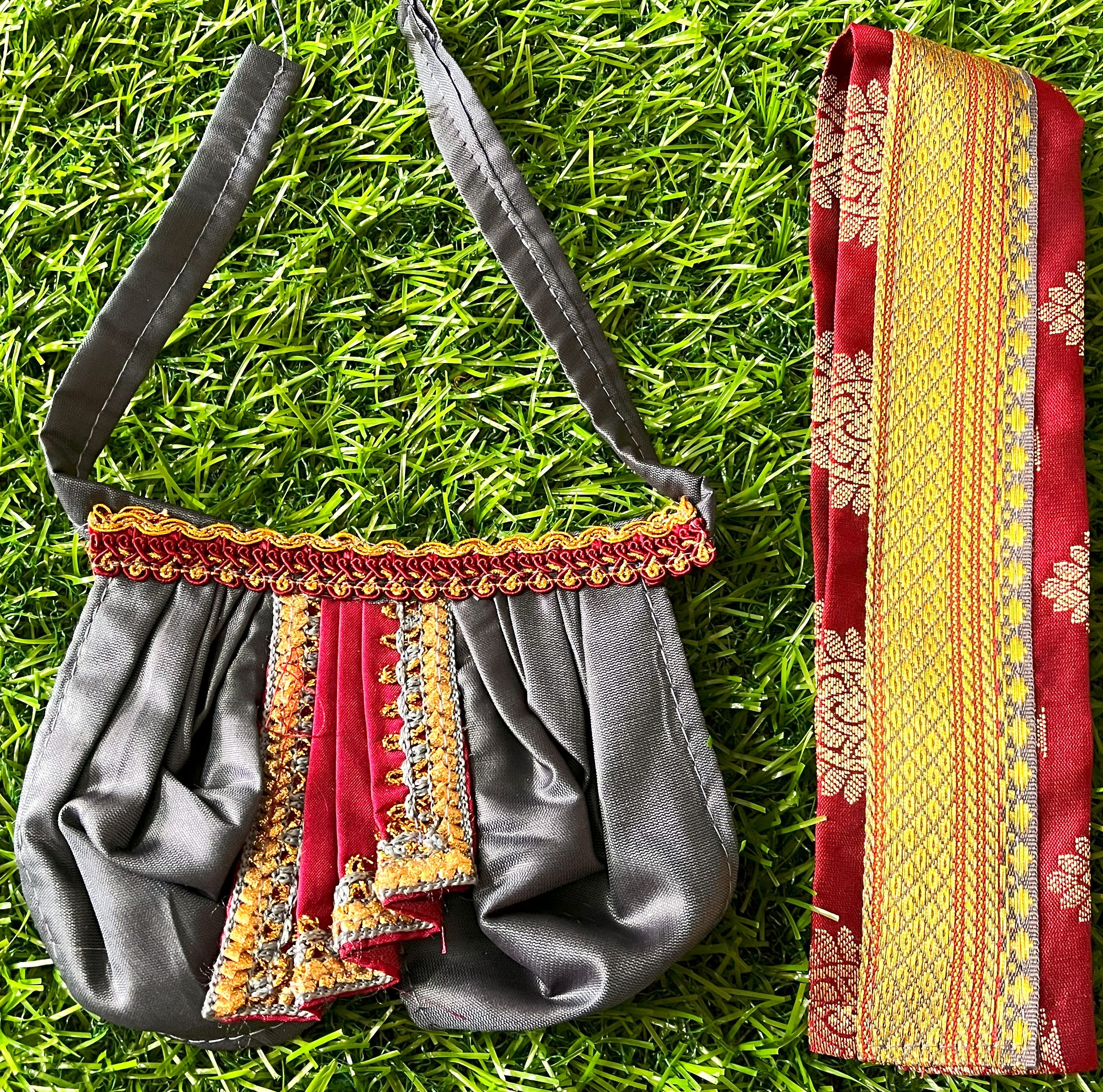 Deity dhoti and patka shalya / Uparna vastra made of Cut Fabric Soft Silk Dhoti (Not Pure Silk) - Grey Dhoti with maroon contrast and maroon zari butta shalya with grey zari border 3