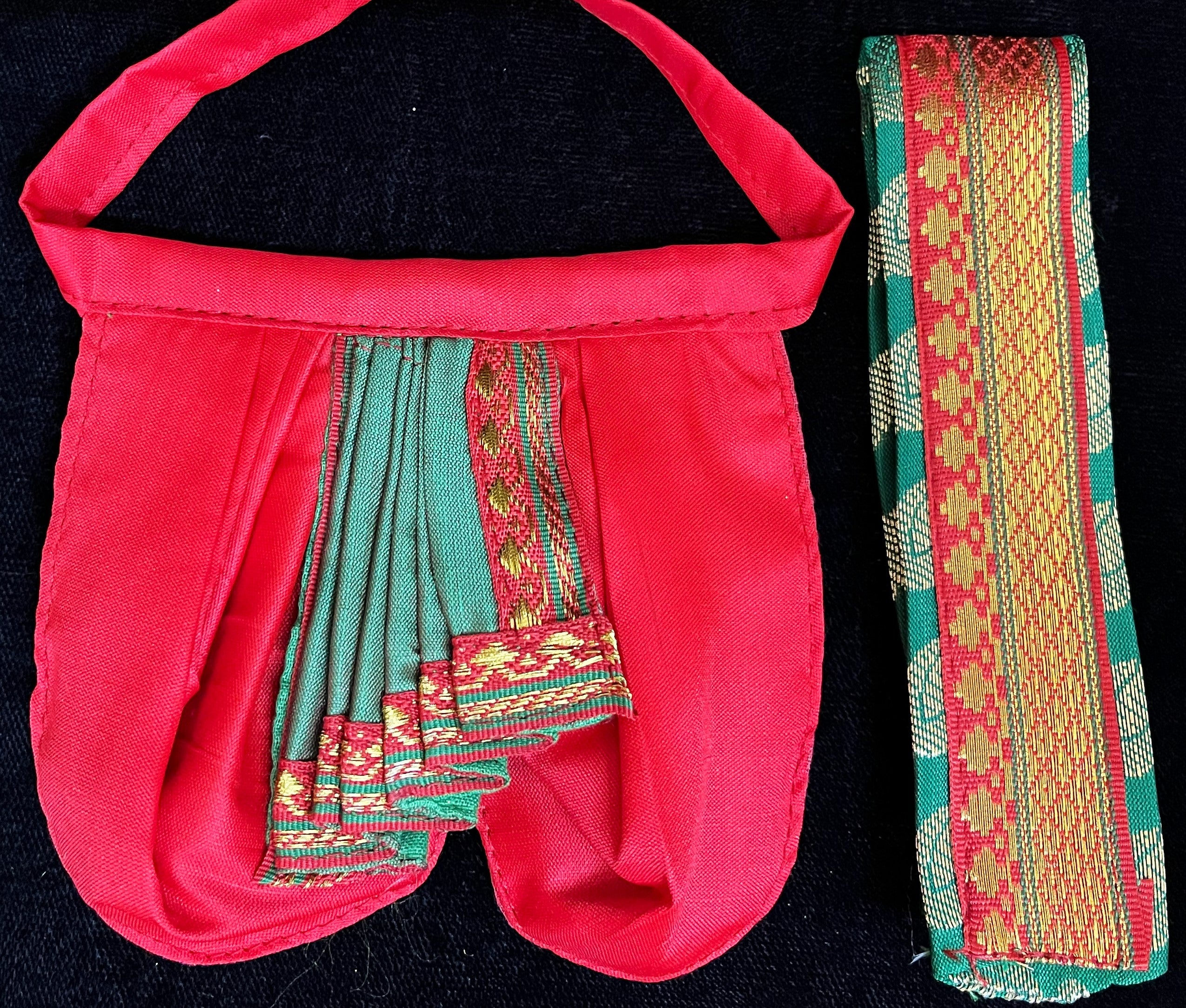 Deity dhoti and patka shalya / Uparna vastra made of Cut Fabric Soft Silk Dhoti (Not Pure Silk) - Red Dhoti with Green  contrast and Green zari butta shalya with Red zari border 2