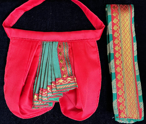 Deity dhoti and patka shalya / Uparna vastra made of Cut Fabric Soft Silk Dhoti (Not Pure Silk) - Red Dhoti with Green  contrast and Green zari butta shalya with Red zari border