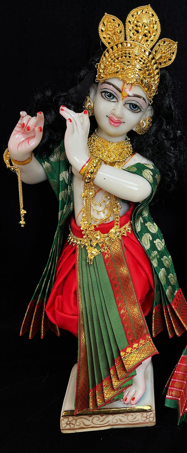 Deity dhoti and patka shalya / Uparna vastra made of Cut Fabric Soft Silk Dhoti (Not Pure Silk) - Red Dhoti with Green  contrast and Green zari butta shalya with Red zari border