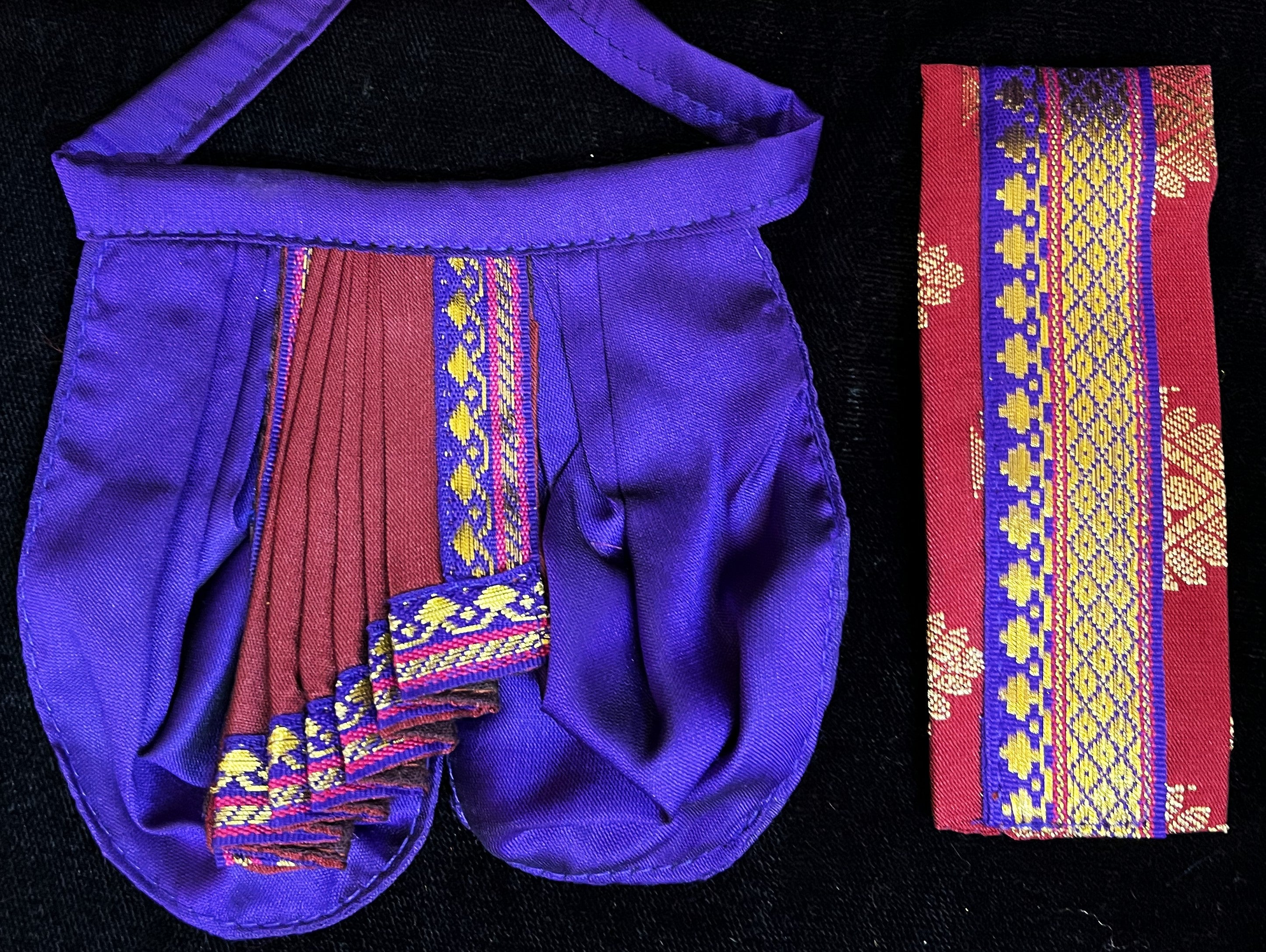 Deity dhoti and patka shalya / Uparna vastra made of Cut Fabric Soft Silk Dhoti (Not Pure Silk) - Purple Dhoti with maroon  contrast and maroon zari butta shalya with purple zari border 3