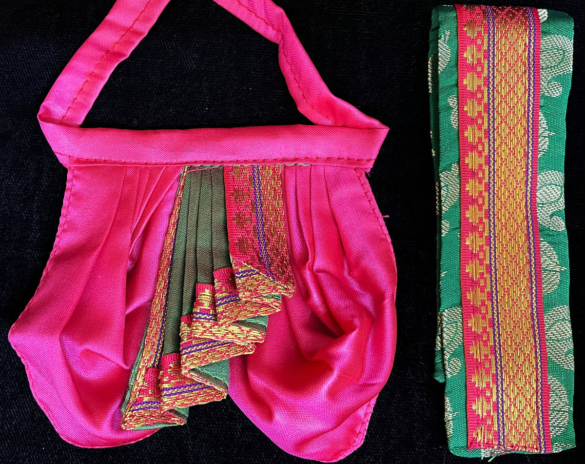 Deity dhoti and patka shalya / Uparna vastra made of Cut Fabric Soft Silk Dhoti (Not Pure Silk) - Pink Dhoti with Green  contrast and Green zari butta shalya with Pink zari border