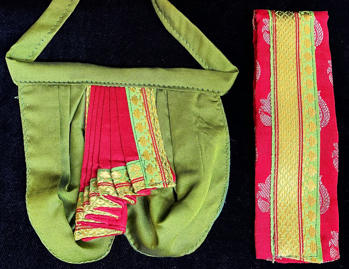 Deity dhoti and patka shalya / Uparna vastra made of Cut Fabric Soft Silk Dhoti (Not Pure Silk) - Parrot green Dhoti with red  contrast and red zari butta shalya with parrot green zari border