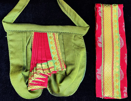 Deity dhoti and patka shalya / Uparna vastra made of Cut Fabric Soft Silk Dhoti (Not Pure Silk) - Parrot green Dhoti with red  contrast and red zari butta shalya with parrot green zari border