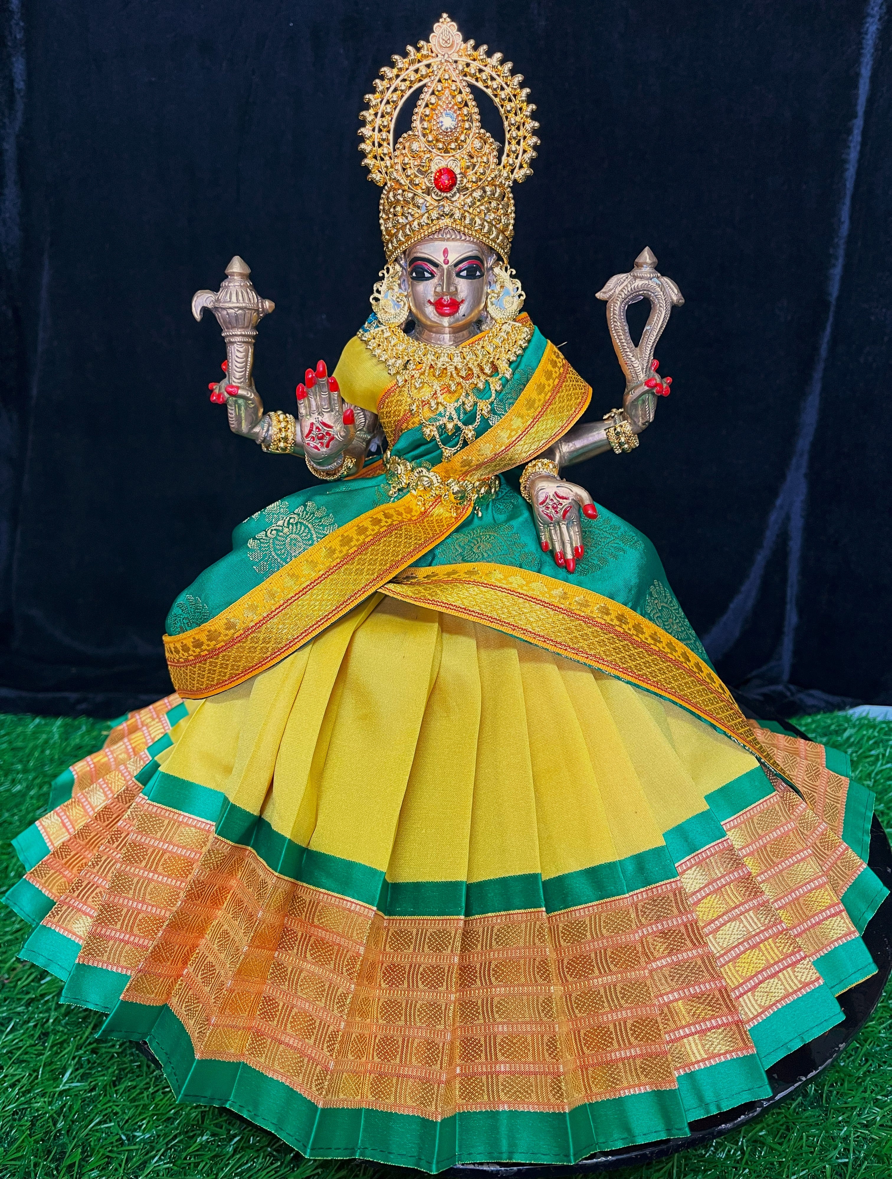 Deity half saree / lehenga patka made of Cut Fabric Soft Silk (Not Pure Silk) - Yellow Lehenga with Green  running jari border and Green zari butta dupatta with yellow zari border 1