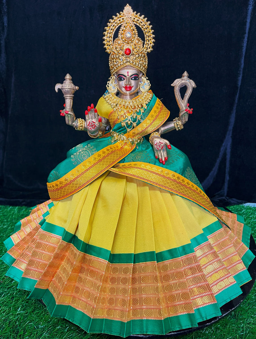 Deity half saree / lehenga patka made of Cut Fabric Soft Silk (Not Pure Silk) - Yellow Lehenga with Green  running jari border and Green zari butta dupatta with yellow zari border