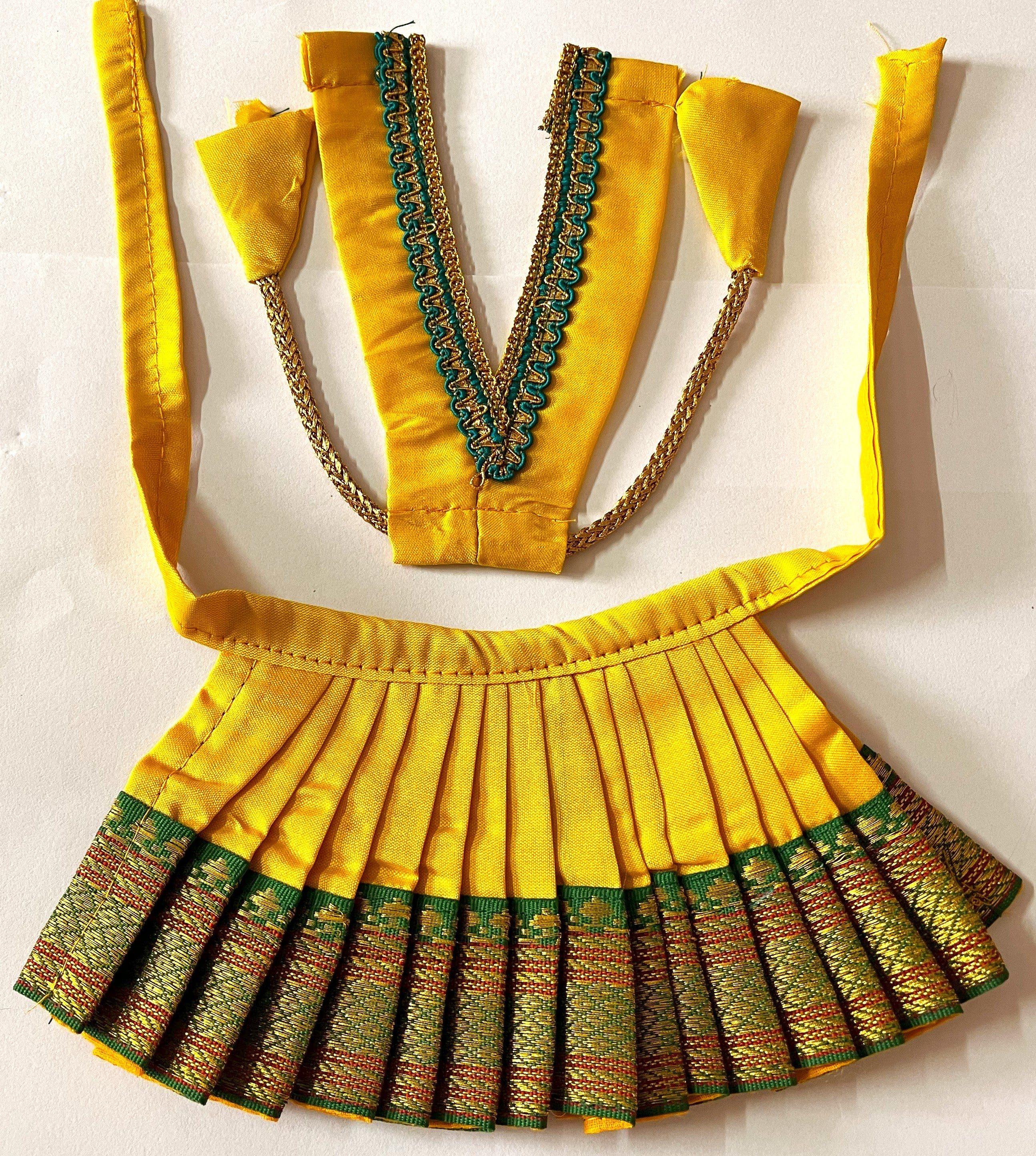 Deity half saree / lehenga patka made of Cut Fabric Soft Silk (Not Pure Silk) - Yellow Lehenga with Green  running jari border and Green zari butta dupatta with yellow zari border 3