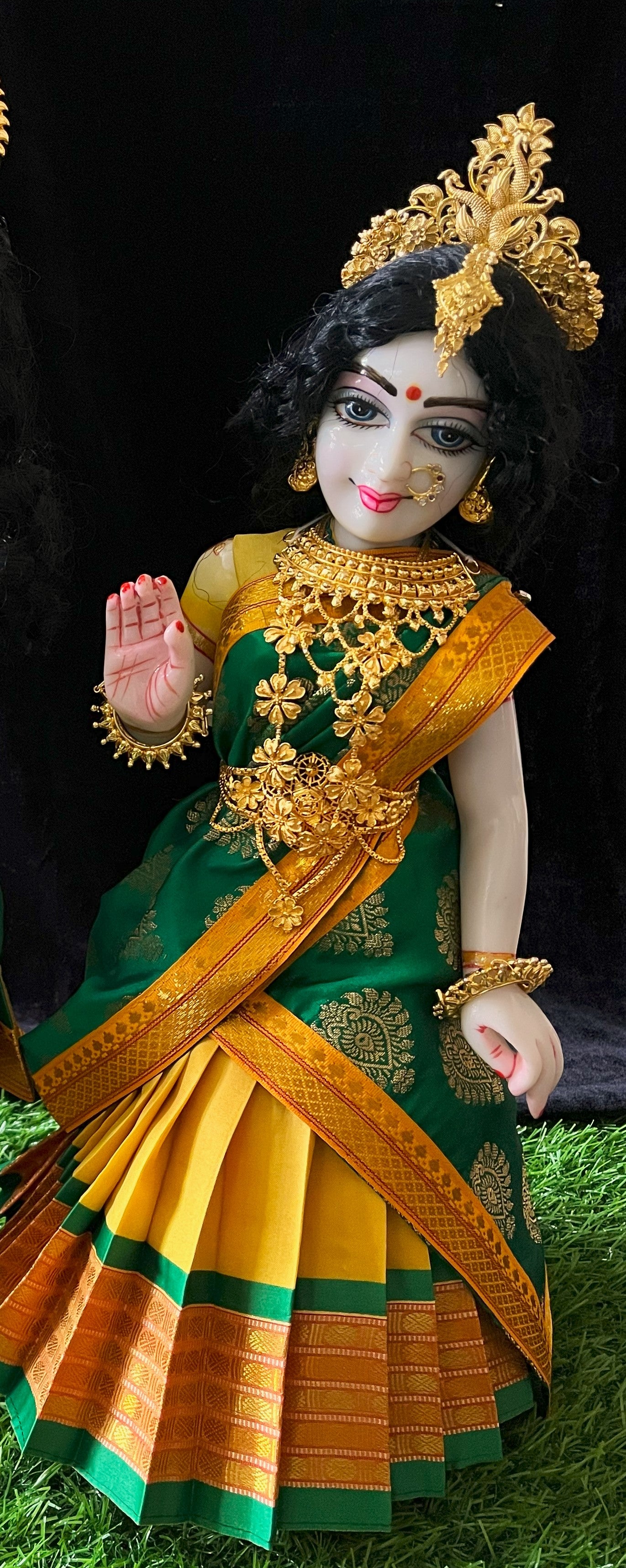 Deity half saree / lehenga patka made of Cut Fabric Soft Silk (Not Pure Silk) - Yellow Lehenga with Green  running jari border and Green zari butta dupatta with yellow zari border 2