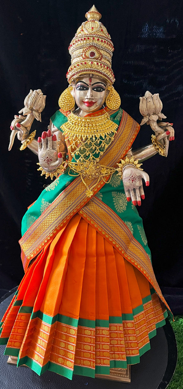 Deity half saree / lehenga patka made of Cut Fabric Soft Silk (Not Pure Silk) - Orange Lehenga with Green  running jari border and Green zari butta dupatta with Orange zari border