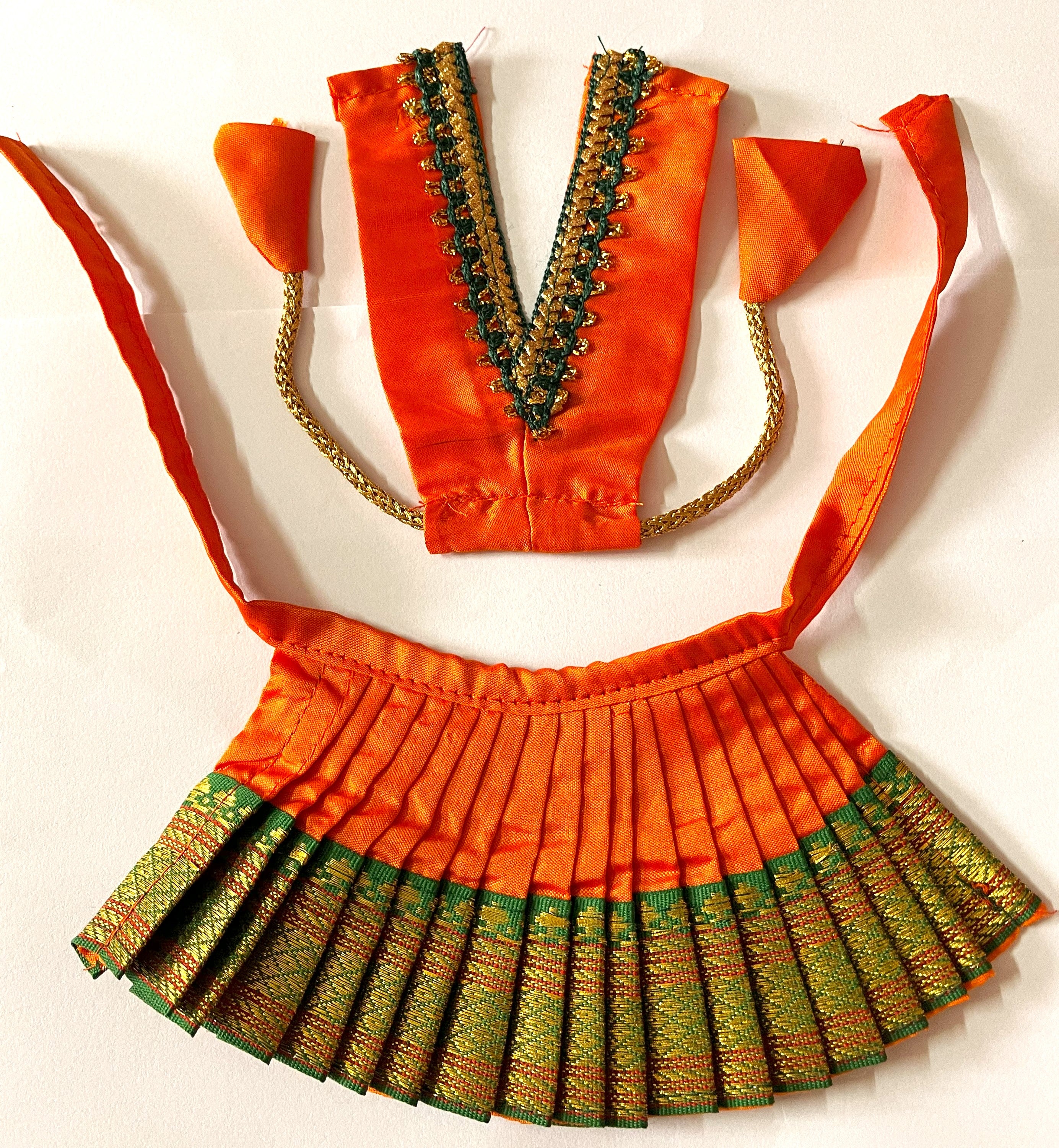 Deity half saree / lehenga patka made of Cut Fabric Soft Silk (Not Pure Silk) - Orange Lehenga with Green  running jari border and Green zari butta dupatta with Orange zari border 5
