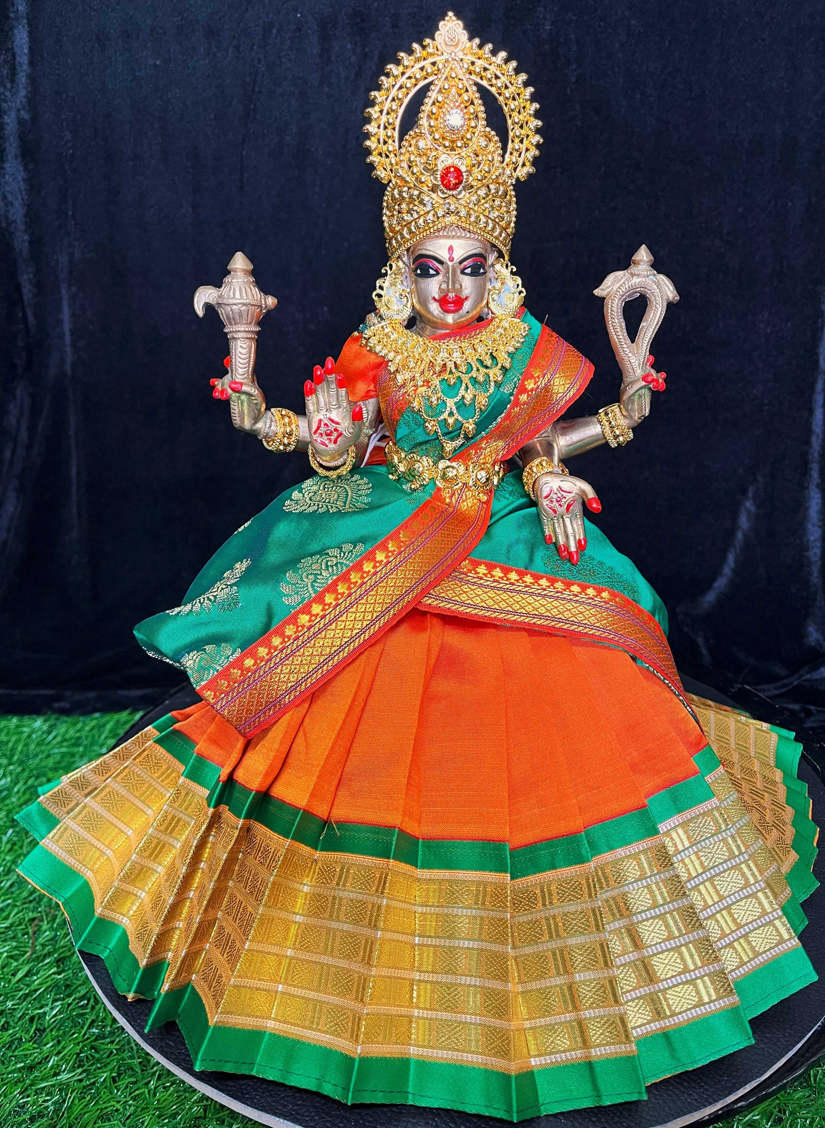 Deity half saree / lehenga patka made of Cut Fabric Soft Silk (Not Pure Silk) - Orange Lehenga with Green  running jari border and Green zari butta dupatta with Orange zari border 4