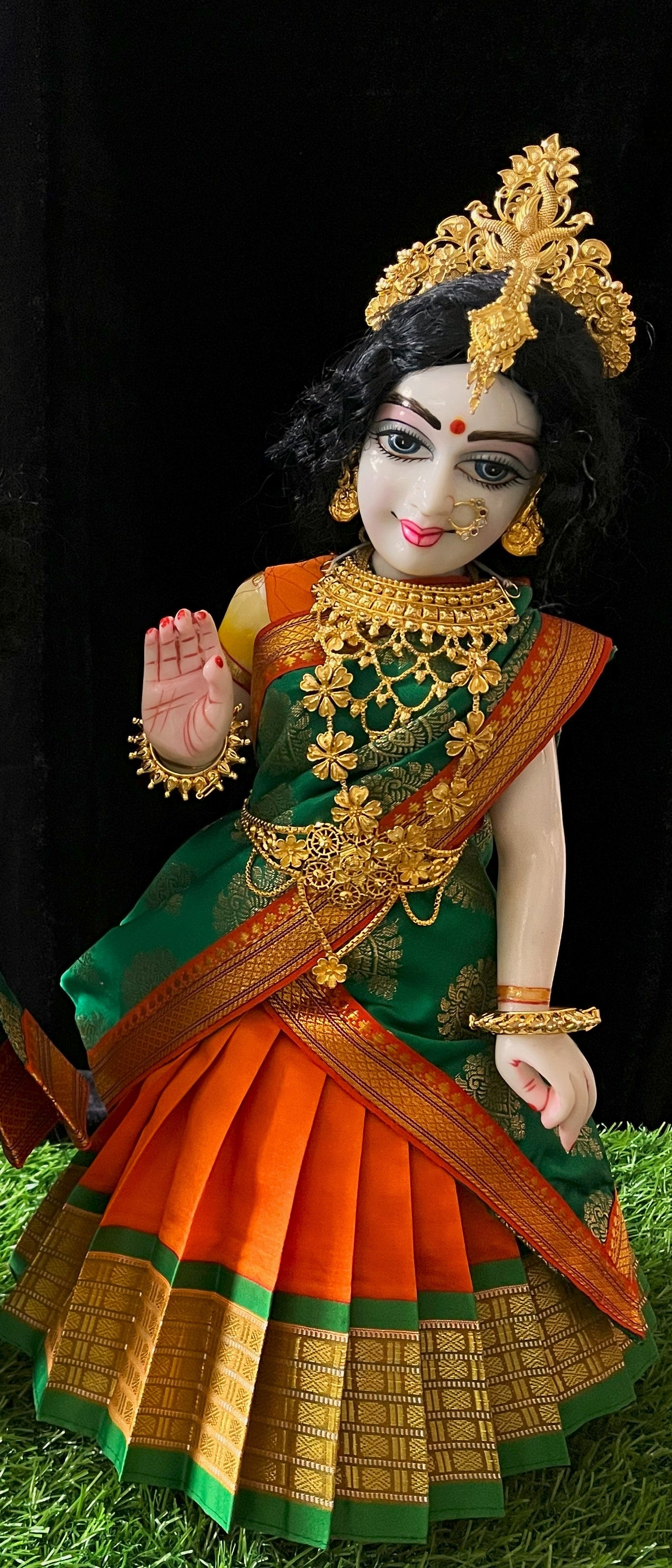 Deity half saree / lehenga patka made of Cut Fabric Soft Silk (Not Pure Silk) - Orange Lehenga with Green  running jari border and Green zari butta dupatta with Orange zari border 2