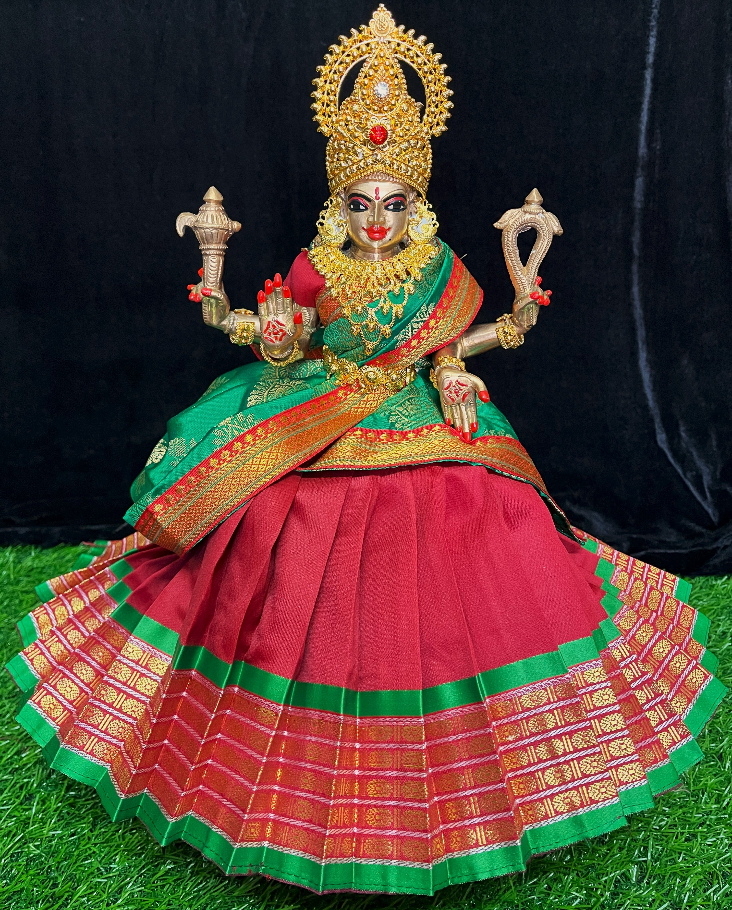 Deity half saree / lehenga patka made of Cut Fabric Soft Silk (Not Pure Silk) - Red Lehenga with Green  running jari border and Green zari butta dupatta with red zari border 1