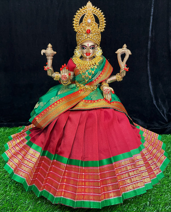 Deity half saree / lehenga patka made of Cut Fabric Soft Silk (Not Pure Silk) - Red Lehenga with Green  running jari border and Green zari butta dupatta with red zari border