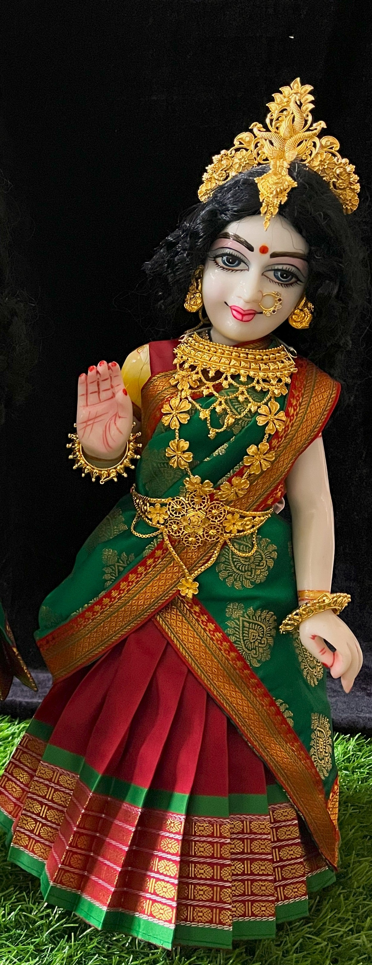 Deity half saree / lehenga patka made of Cut Fabric Soft Silk (Not Pure Silk) - Red Lehenga with Green  running jari border and Green zari butta dupatta with red zari border 2
