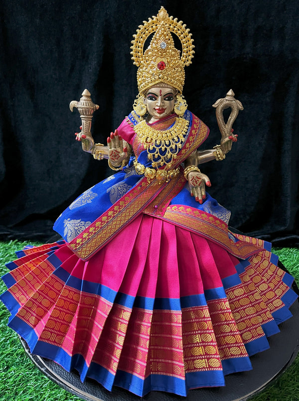 Deity half saree / lehenga patka made of Cut Fabric Soft Silk (Not Pure Silk) - Pink Lehenga with Blue running jari border and Blue zari butta dupatta with pink zari border
