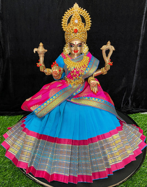 Deity half saree / lehenga patka made of Cut Fabric Soft Silk (Not Pure Silk) - Sky blue Lehenga with Pink  running jari border and pink zari butta dupatta with sky blue zari border