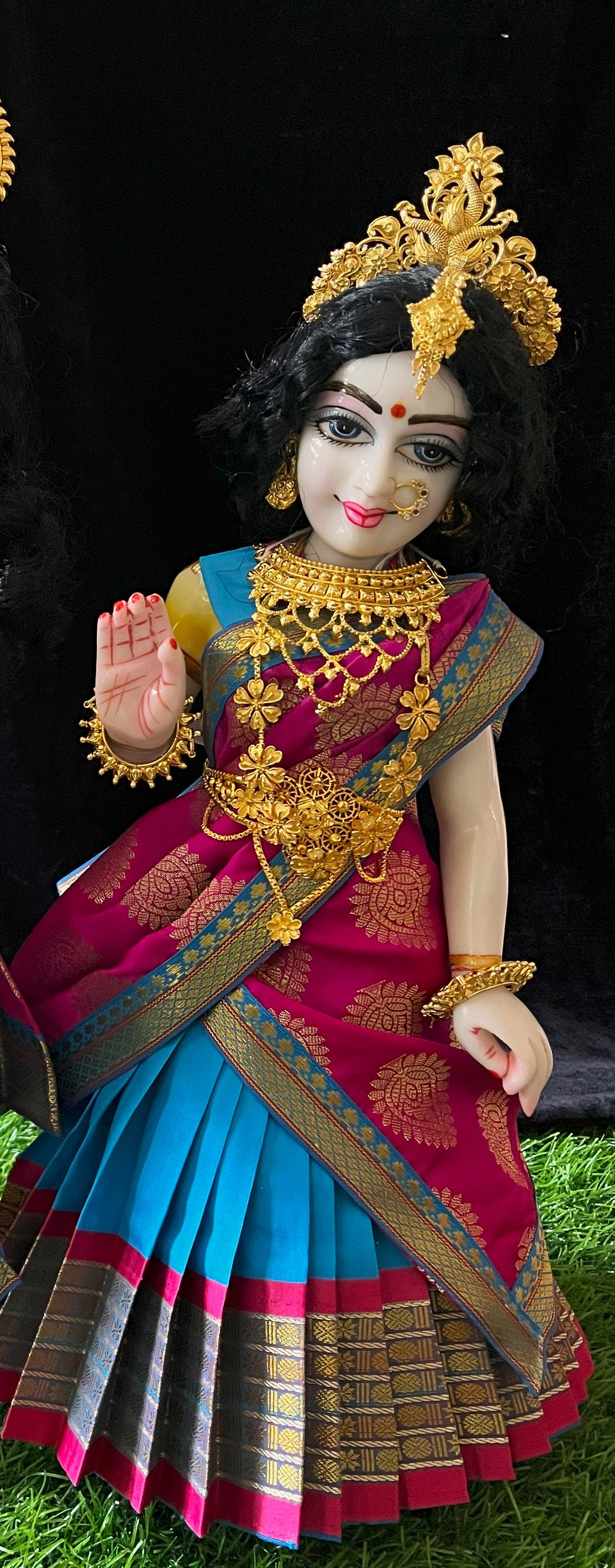 Deity half saree / lehenga patka made of Cut Fabric Soft Silk (Not Pure Silk) - Sky blue Lehenga with Pink  running jari border and pink zari butta dupatta with sky blue zari border 2