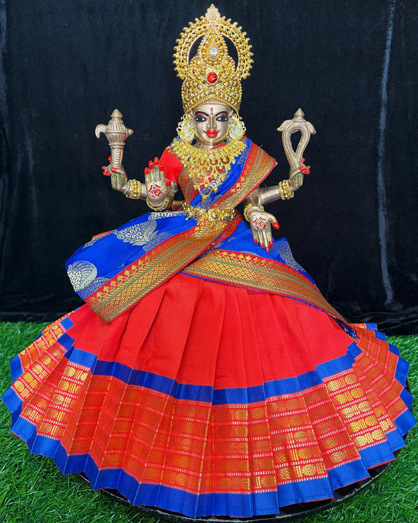 Deity half saree / lehenga patka made of Cut Fabric Soft Silk (Not Pure Silk) - Orange Lehenga with Blue  running jari border and Blue zari butta dupatta with Orange zari border