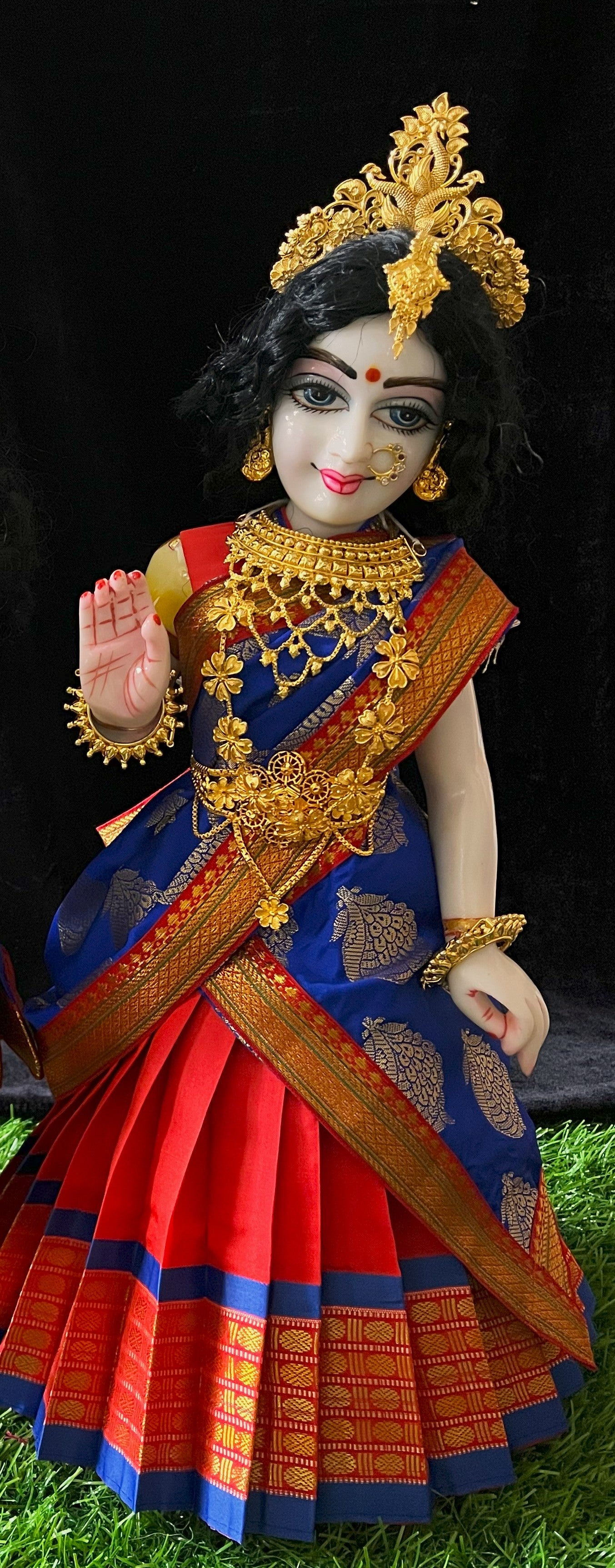 Deity half saree / lehenga patka made of Cut Fabric Soft Silk (Not Pure Silk) - Orange Lehenga with Blue  running jari border and Blue zari butta dupatta with Orange zari border 2