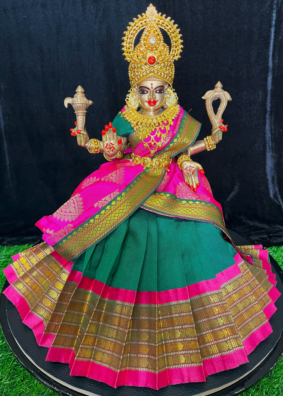 Deity half saree / lehenga patka made of Cut Fabric Soft Silk (Not Pure Silk) - Dark green Lehenga with pink  running jari border and pink zari butta dupatta with green zari border