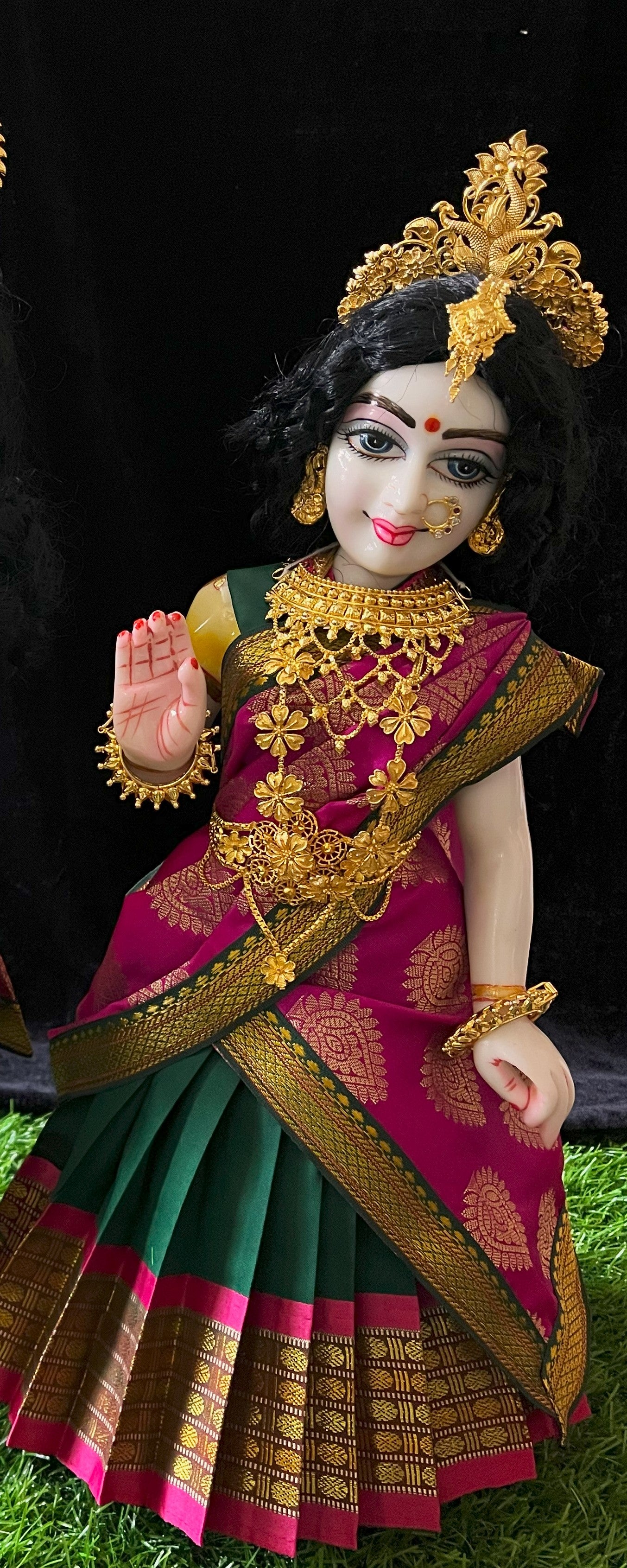 Deity half saree / lehenga patka made of Cut Fabric Soft Silk (Not Pure Silk) - Dark green Lehenga with pink  running jari border and pink zari butta dupatta with green zari border 2