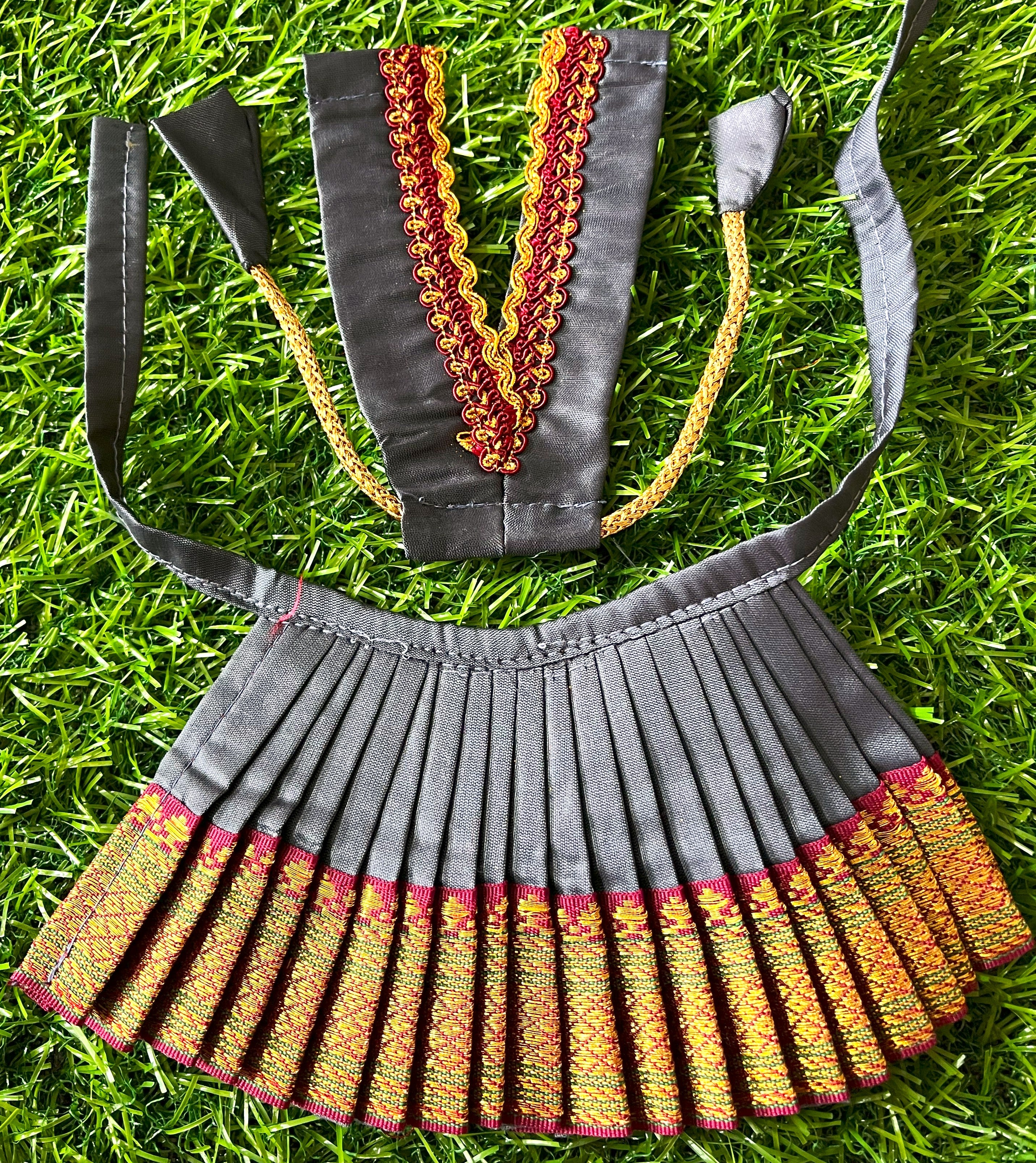Deity half saree / lehenga patka made of Cut Fabric Soft Silk (Not Pure Silk) - Grey Lehenga with maroon running jari border and maroon zari butta dupatta with grey zari border 3