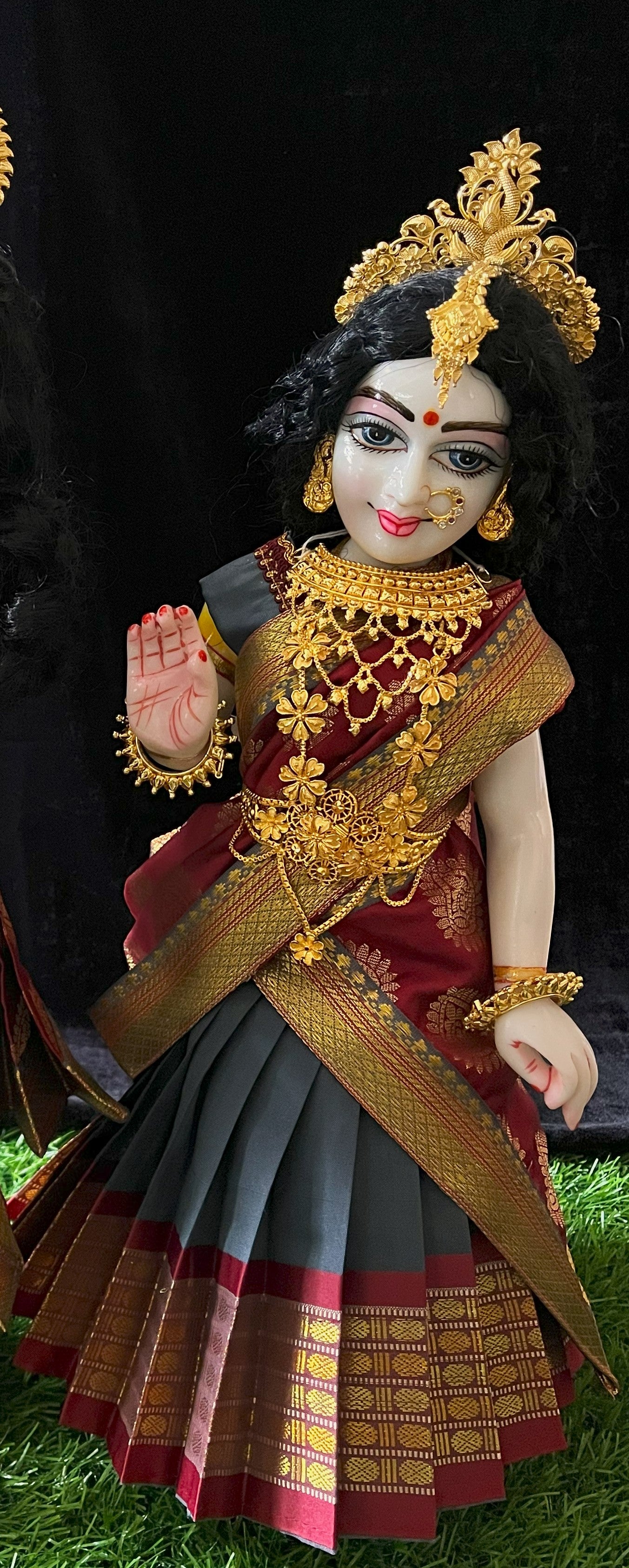 Deity half saree / lehenga patka made of Cut Fabric Soft Silk (Not Pure Silk) - Grey Lehenga with maroon running jari border and maroon zari butta dupatta with grey zari border 2