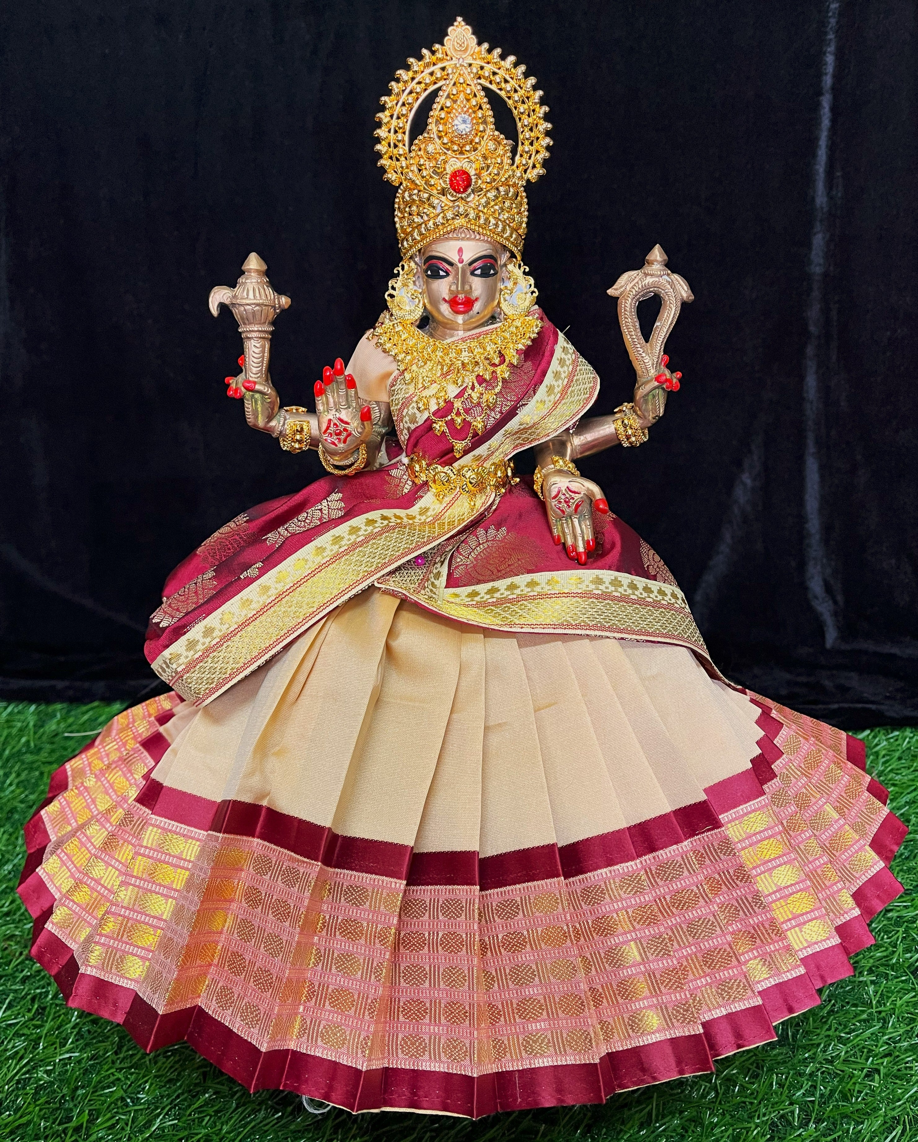 Deity half saree / lehenga patka made of Cut Fabric Soft Silk (Not Pure Silk) - Off-white Lehenga with maroon  running jari border and maroon zari butta dupatta with Off-white zari border 1