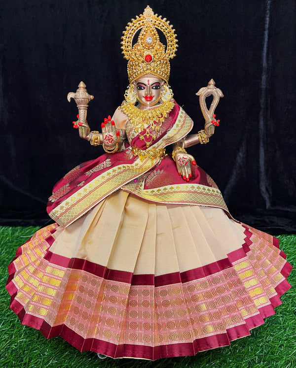 Deity half saree / lehenga patka made of Cut Fabric Soft Silk (Not Pure Silk) - Off-white Lehenga with maroon  running jari border and maroon zari butta dupatta with Off-white zari border