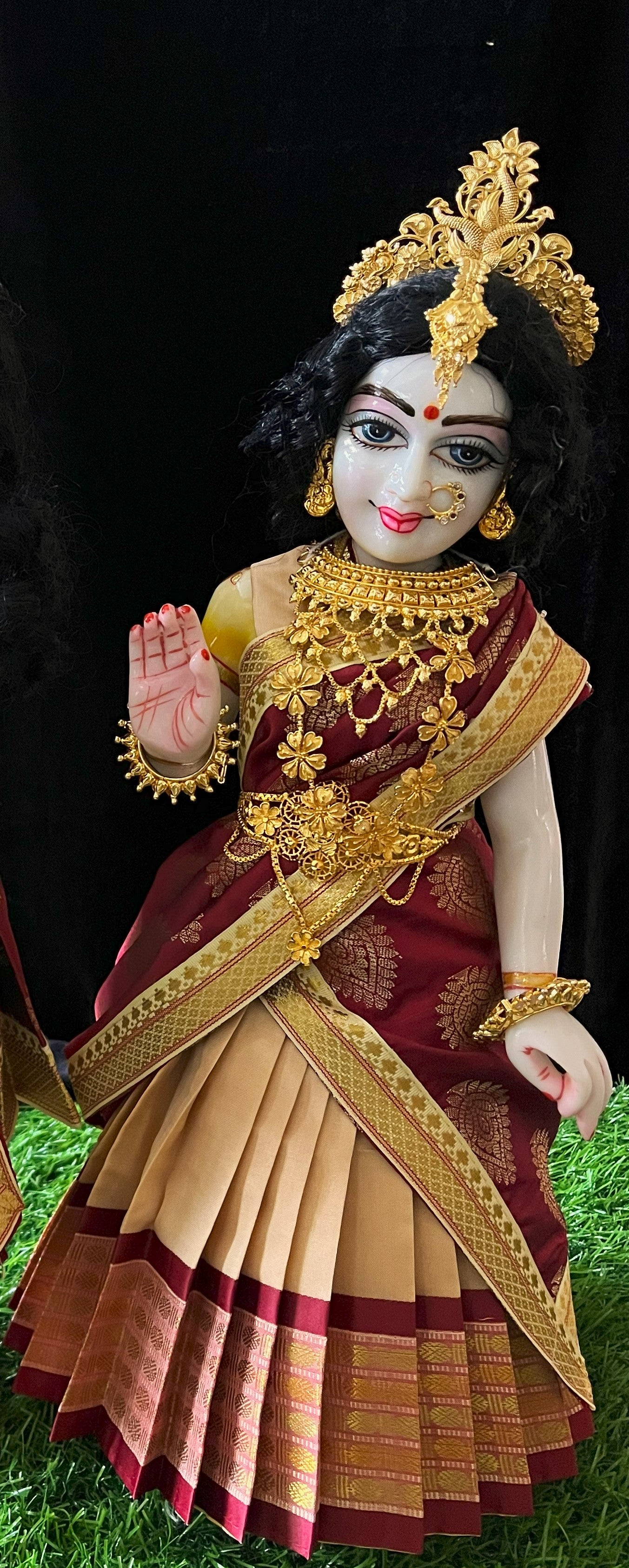 Deity half saree / lehenga patka made of Cut Fabric Soft Silk (Not Pure Silk) - Off-white Lehenga with maroon  running jari border and maroon zari butta dupatta with Off-white zari border 2