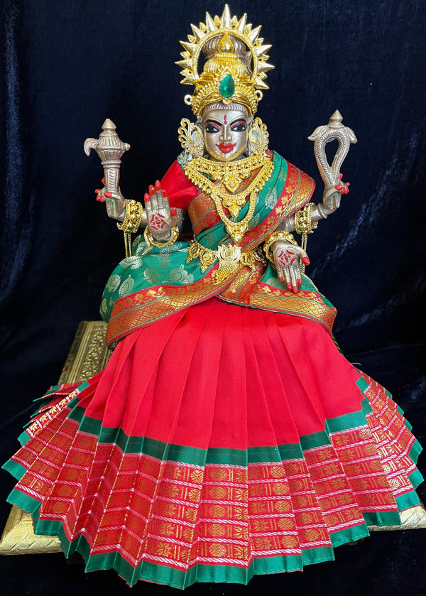 Deity half saree / lehenga patka made of Cut Fabric Soft Silk (Not Pure Silk) - Red Lehenga with Green  running jari border and Green zari butta dupatta with Red zari border