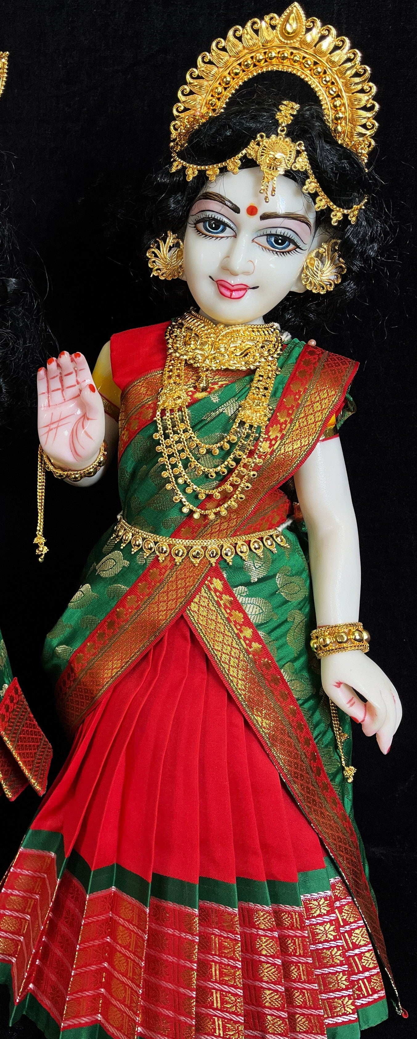 Deity half saree / lehenga patka made of Cut Fabric Soft Silk (Not Pure Silk) - Red Lehenga with Green  running jari border and Green zari butta dupatta with Red zari border 2