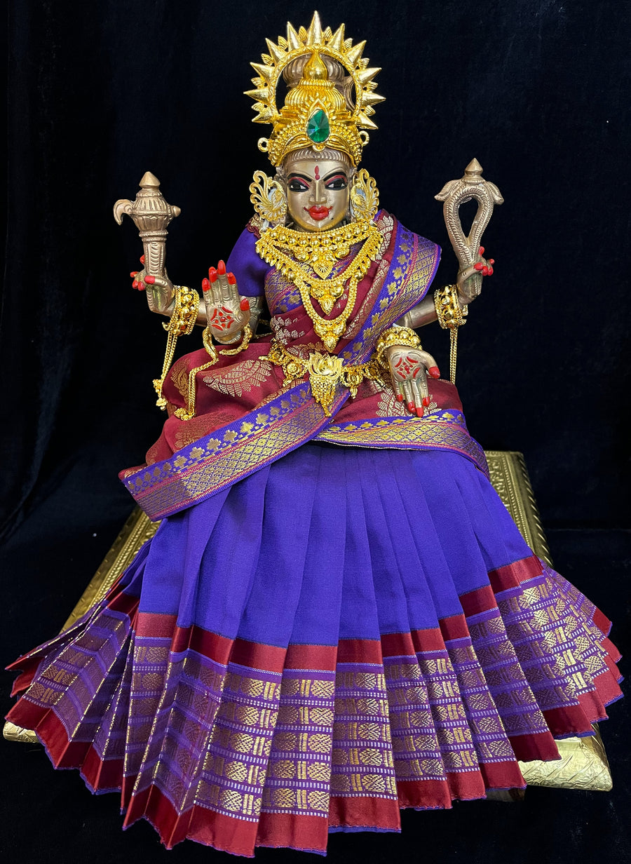 Deity half saree / lehenga patka made of Cut Fabric Soft Silk (Not Pure Silk) - Purple Lehenga with maroon  running jari border and maroon zari butta dupatta with purple zari border