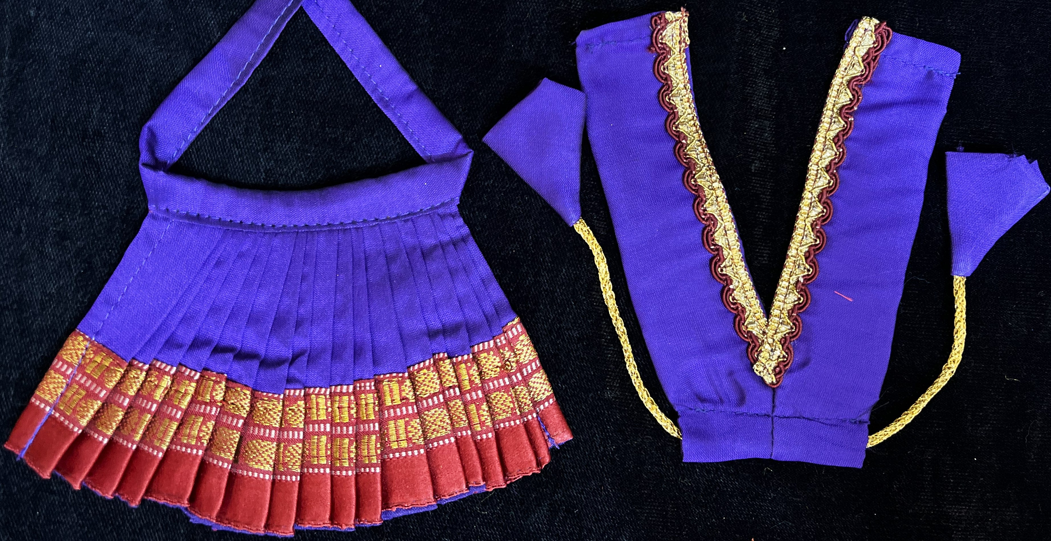 Deity half saree / lehenga patka made of Cut Fabric Soft Silk (Not Pure Silk) - Purple Lehenga with maroon  running jari border and maroon zari butta dupatta with purple zari border 4