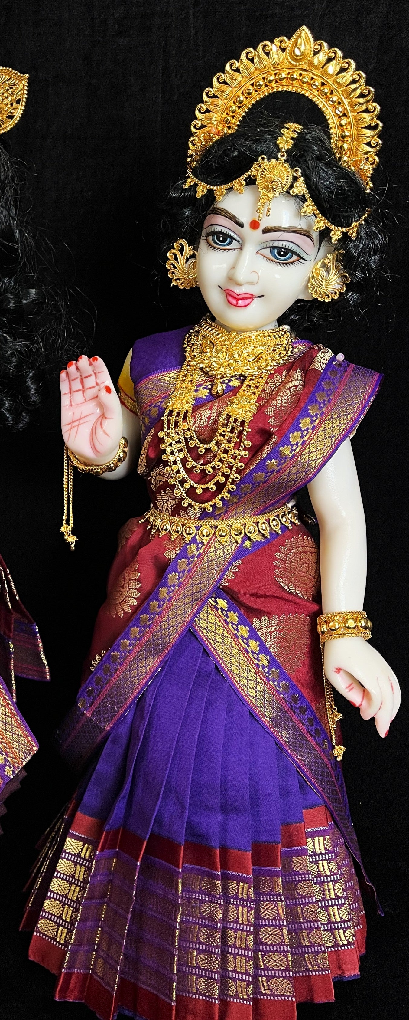 Deity half saree / lehenga patka made of Cut Fabric Soft Silk (Not Pure Silk) - Purple Lehenga with maroon  running jari border and maroon zari butta dupatta with purple zari border 2