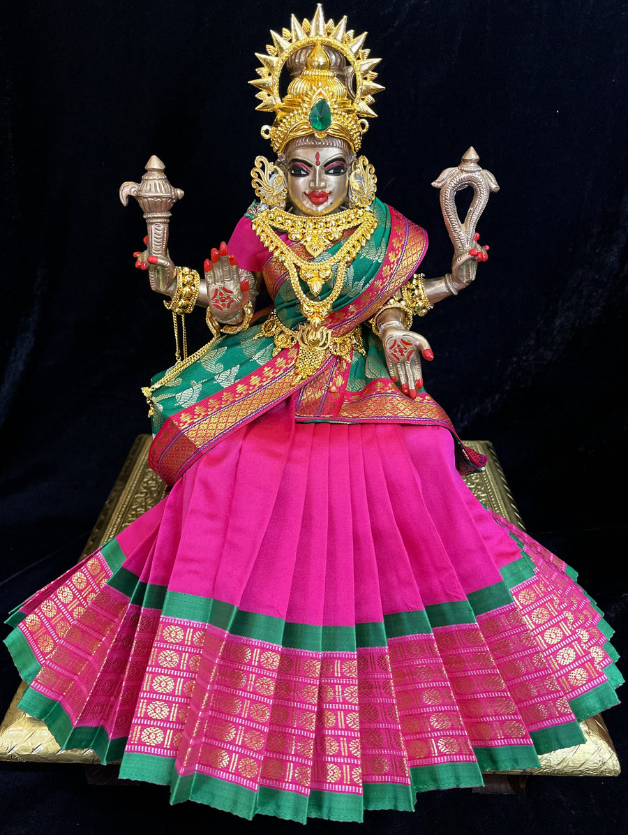 Deity half saree / lehenga patka made of Cut Fabric Soft Silk (Not Pure Silk) - Pink Lehenga with Green  running jari border and Green zari butta dupatta with Pink zari border