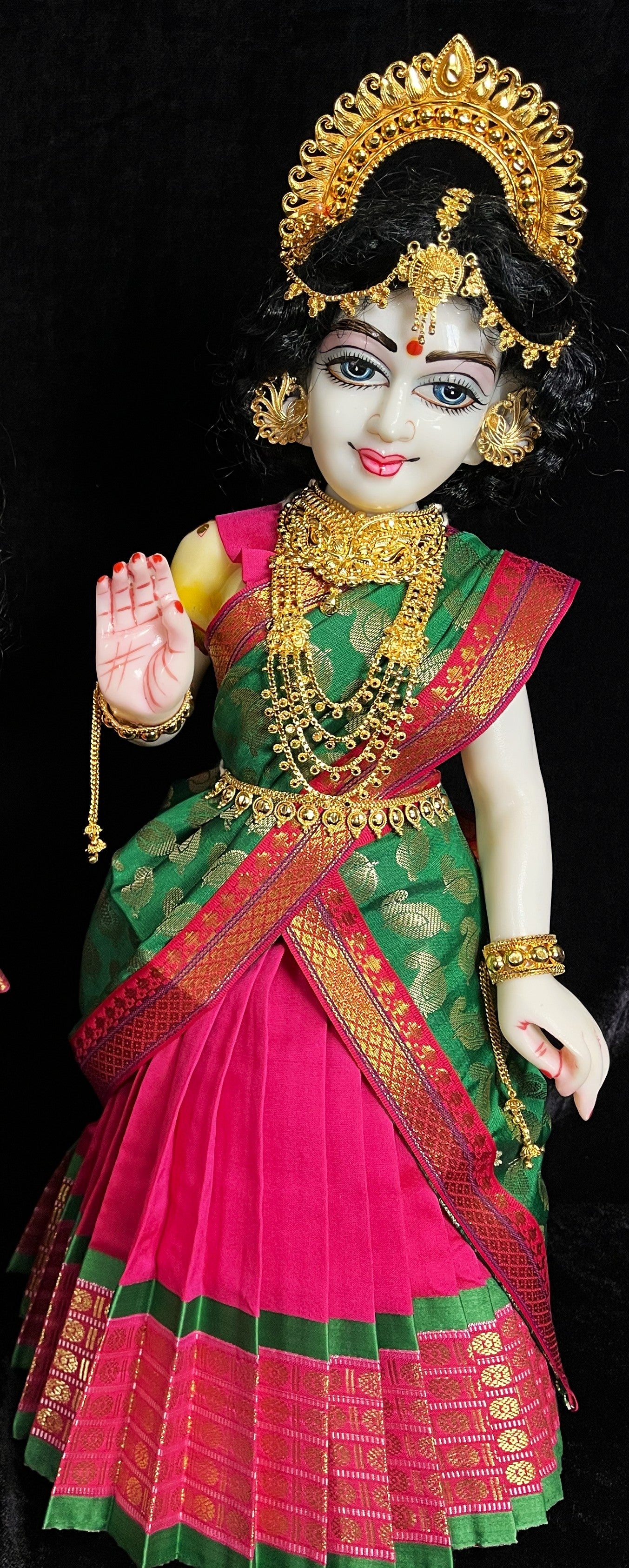 Deity half saree / lehenga patka made of Cut Fabric Soft Silk (Not Pure Silk) - Pink Lehenga with Green  running jari border and Green zari butta dupatta with Pink zari border 2