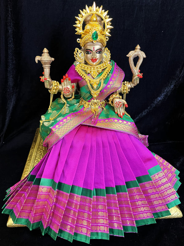 Deity half saree / lehenga patka made of Cut Fabric Soft Silk (Not Pure Silk) - Magenta Lehenga with Green  running jari border and Green zari butta dupatta with Magenta zari border