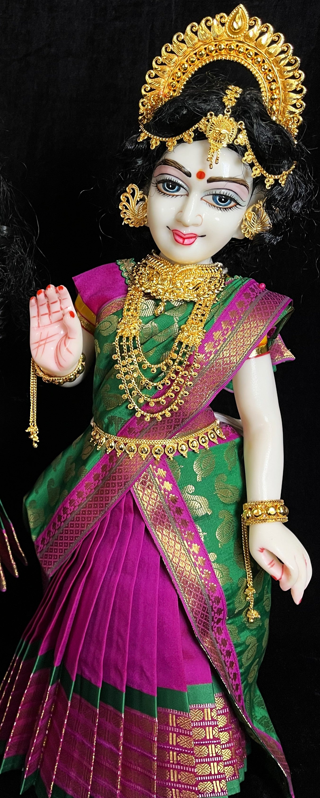 Deity half saree / lehenga patka made of Cut Fabric Soft Silk (Not Pure Silk) - Magenta Lehenga with Green  running jari border and Green zari butta dupatta with Magenta zari border 2