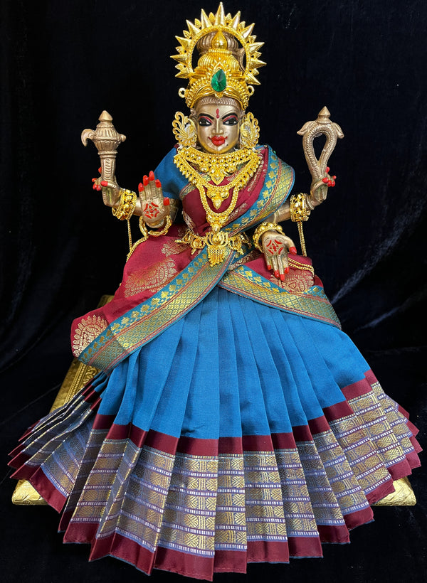 Deity half saree / lehenga patka made of Cut Fabric Soft Silk (Not Pure Silk) - Sky blue Lehenga with maroon  running jari border and maroon zari butta dupatta with Sky blue zari border