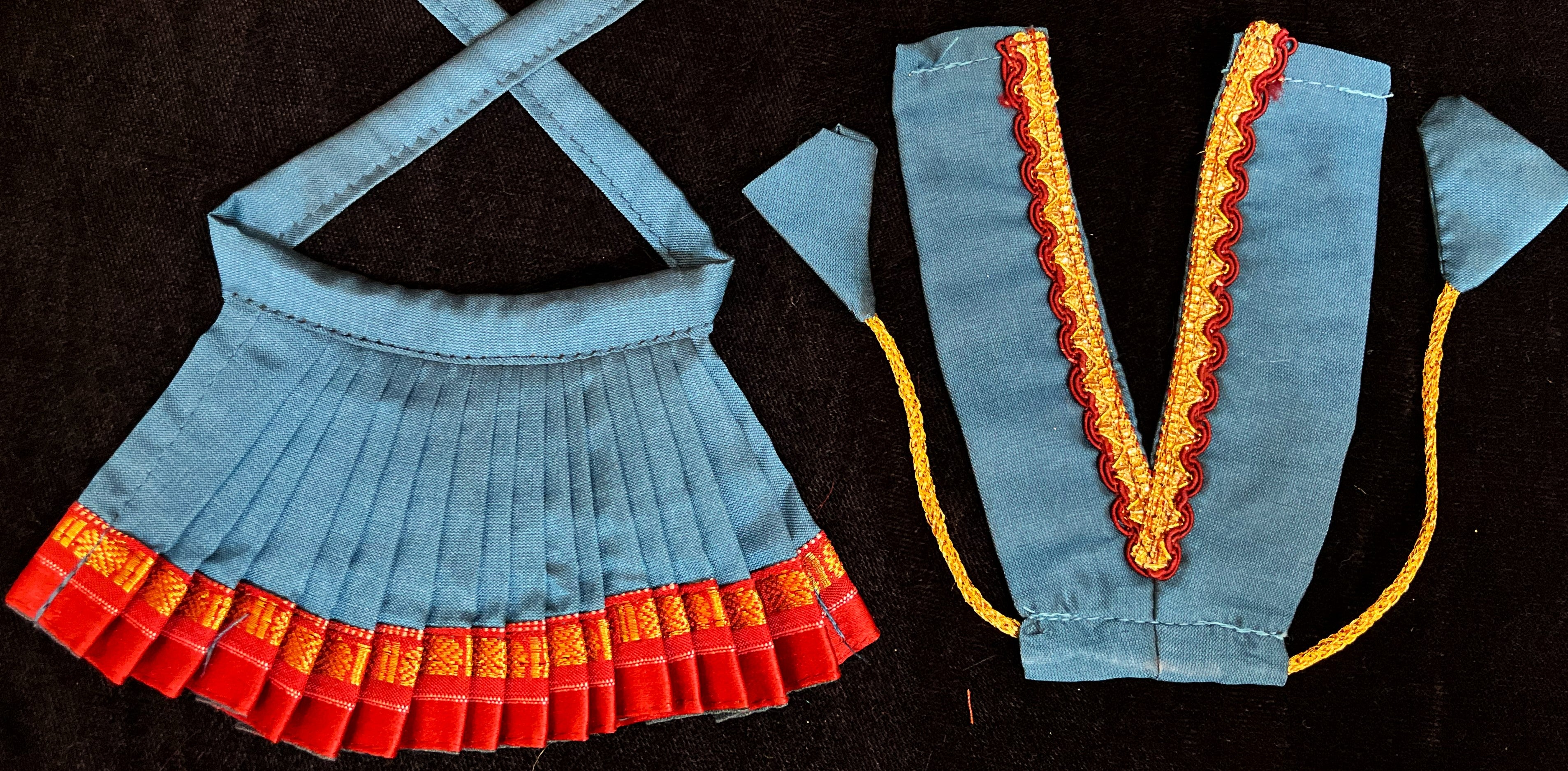 Deity half saree / lehenga patka made of Cut Fabric Soft Silk (Not Pure Silk) - Sky blue Lehenga with maroon  running jari border and maroon zari butta dupatta with Sky blue zari border 4
