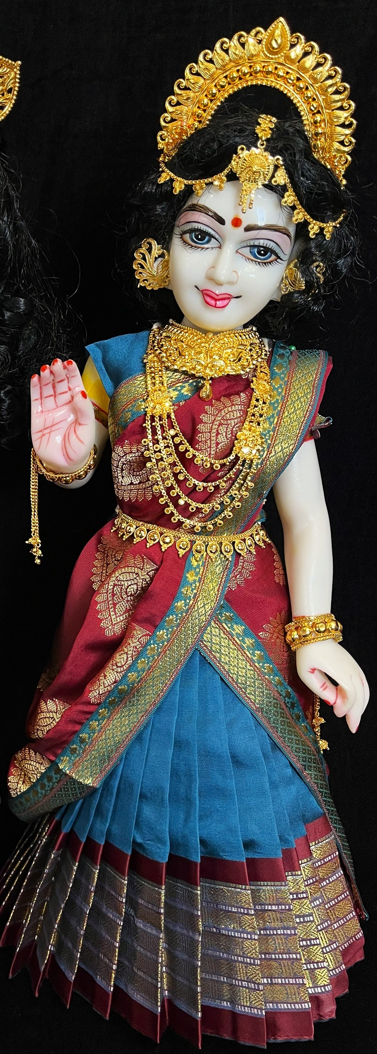 Deity half saree / lehenga patka made of Cut Fabric Soft Silk (Not Pure Silk) - Sky blue Lehenga with maroon  running jari border and maroon zari butta dupatta with Sky blue zari border 2