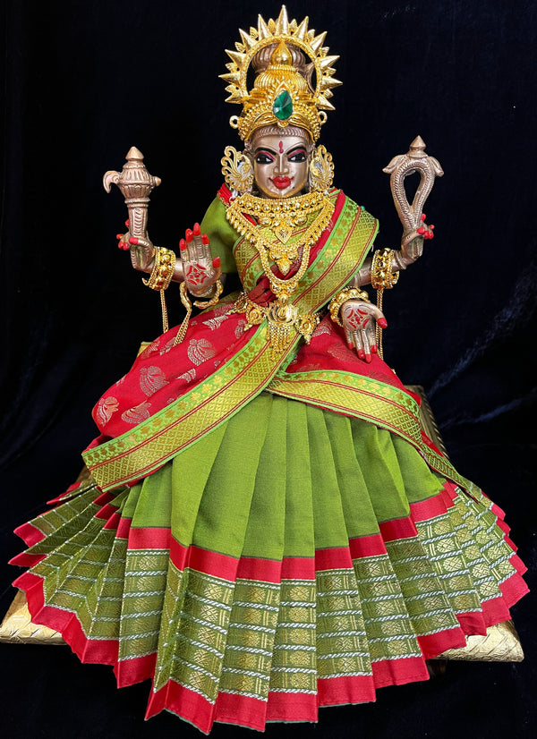 Deity half saree / lehenga patka made of Cut Fabric Soft Silk (Not Pure Silk) - Parrot green Lehenga with red  running jari border and red zari butta dupatta with parrot green zari border